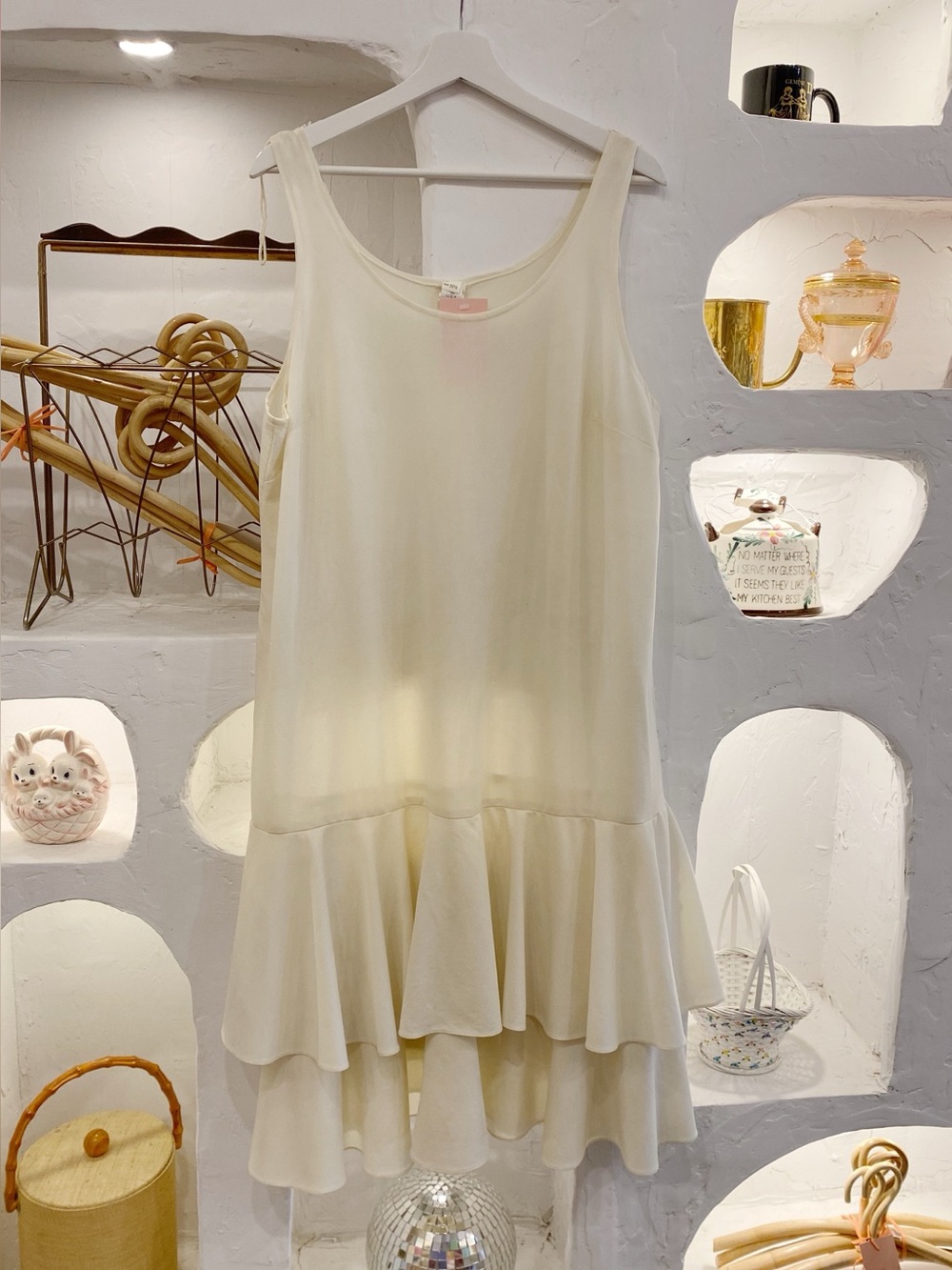 Vintage Cream Sleeveless Tiered Ruffle Skirt Midi Slip Dress for Layering